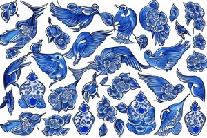 blue delft pattern with blue swallows tattoo idea