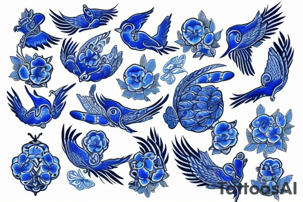 blue delft pattern with blue swallows tattoo idea