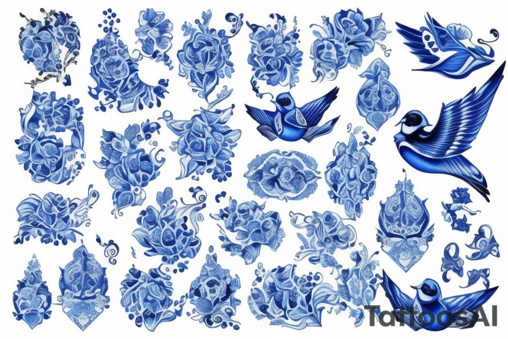 blue delft pattern with blue swallows tattoo idea