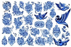 blue delft pattern with blue swallows tattoo idea