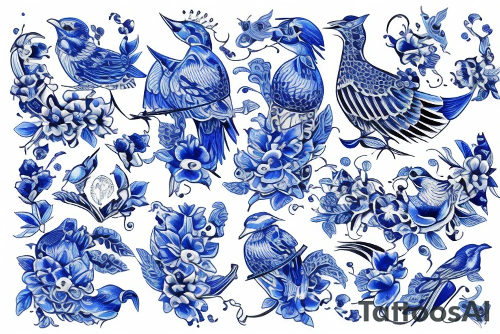 blue delft pattern with blue swallows tattoo idea