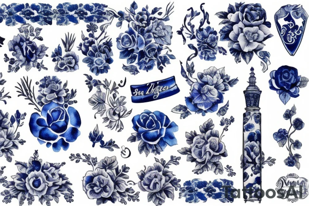 blue vintage delft pattern tattoo idea