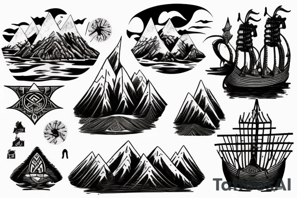 Burning Viking boat fleet with mountains in the background tattoo idea
