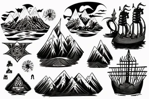 Burning Viking boat fleet with mountains in the background tattoo idea