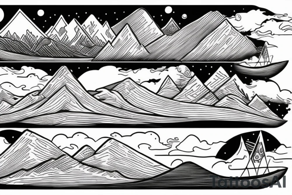 Burning Viking boat fleet with mountains in the background tattoo idea