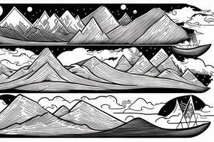 Burning Viking boat fleet with mountains in the background tattoo idea