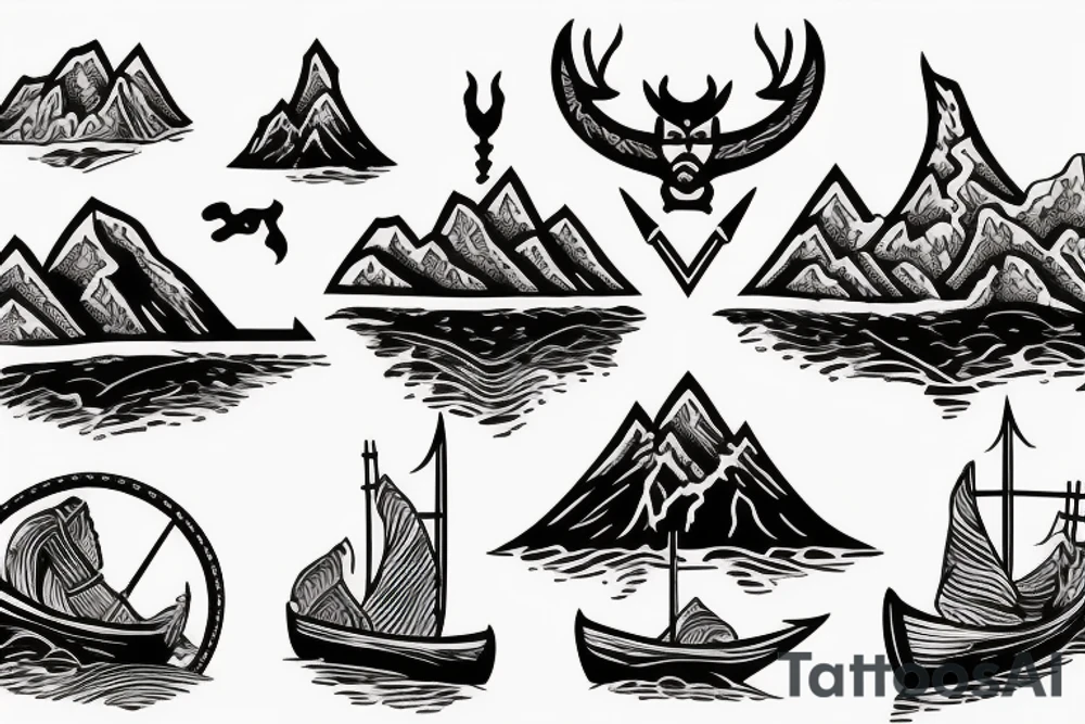 Burning Viking boat fleet with mountains in the background tattoo idea