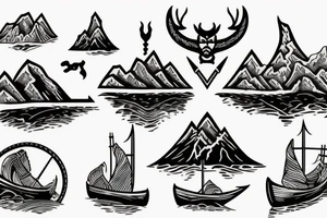 Burning Viking boat fleet with mountains in the background tattoo idea