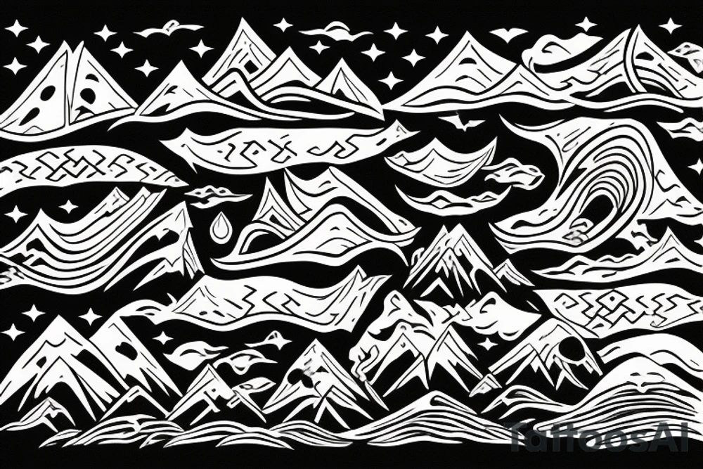 Burning Viking boat fleet with mountains in the background tattoo idea