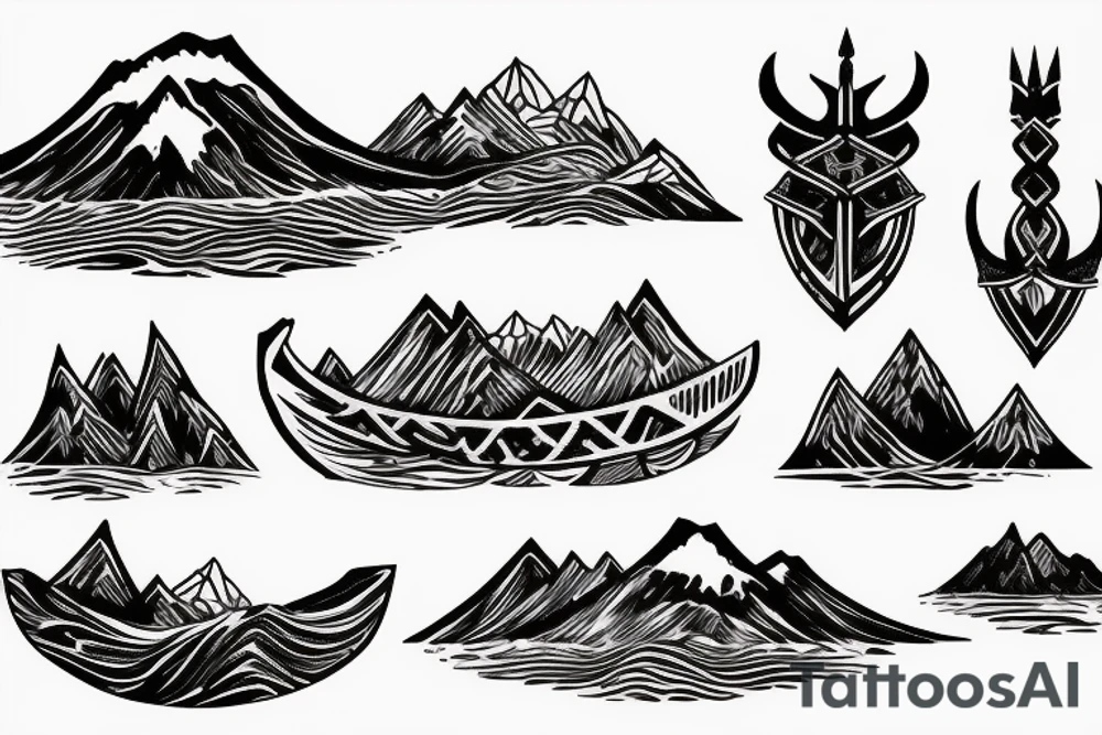 Burning Viking boat fleet with mountains in the background tattoo idea