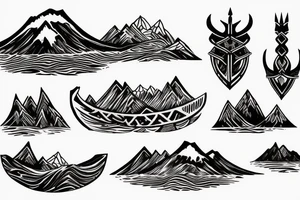 Burning Viking boat fleet with mountains in the background tattoo idea