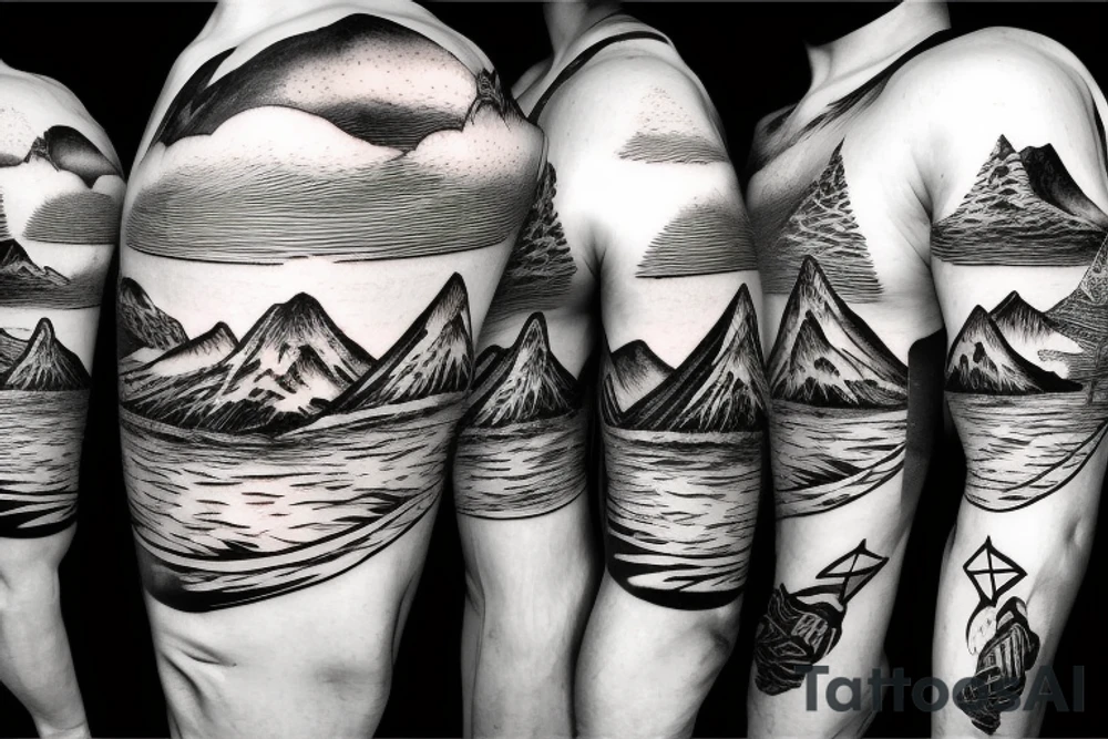 Burning Viking boat fleet with mountains in the background tattoo idea