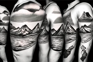 Burning Viking boat fleet with mountains in the background tattoo idea