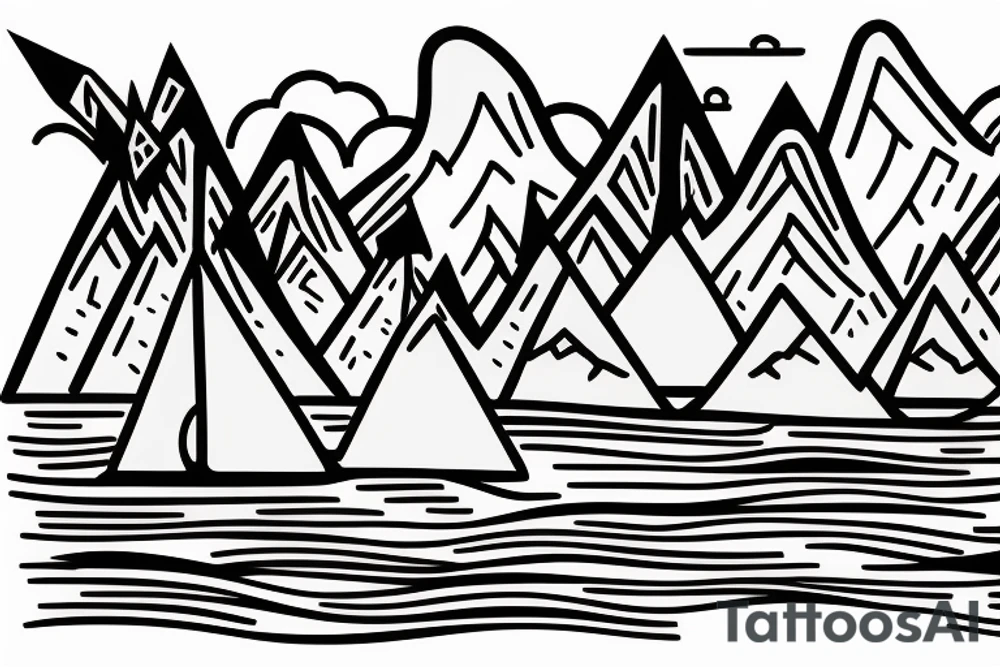 Burning Viking boat fleet with mountains in the background tattoo idea