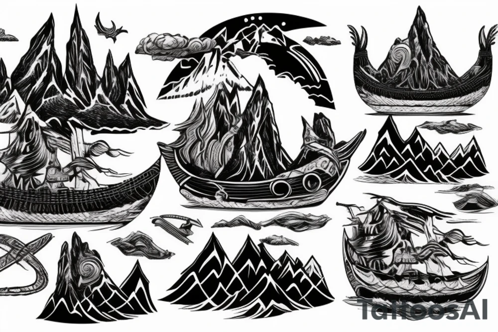 Burning Viking boat fleet with mountains in the background tattoo idea Burning Viking boat fleet with mountains in the background tattoo idea