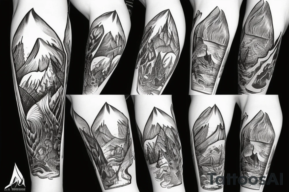 Burning Viking boat fleet with mountains in the background tattoo idea