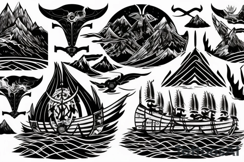 Burning Viking boat fleet with mountains in the background tattoo idea