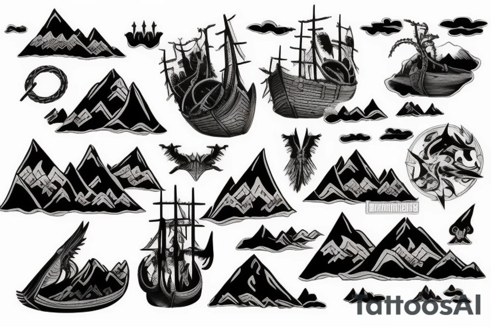 Burning Viking boat fleet with mountains in the background tattoo idea