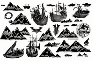 Burning Viking boat fleet with mountains in the background tattoo idea