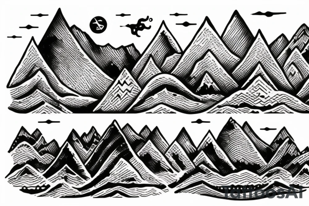 Burning Viking boat fleet with mountains in the background tattoo idea
