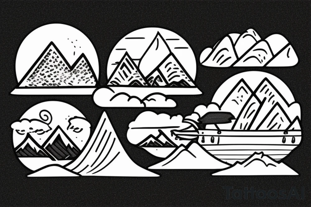 Burning Viking boat fleet with mountains in the background tattoo idea