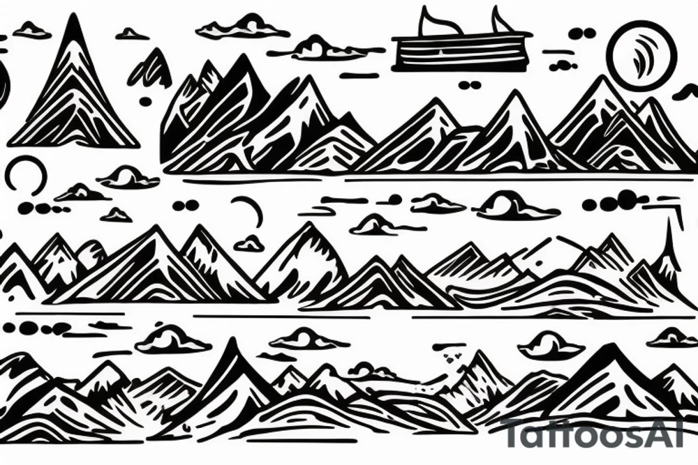 Burning Viking boat fleet with mountains in the background tattoo idea
