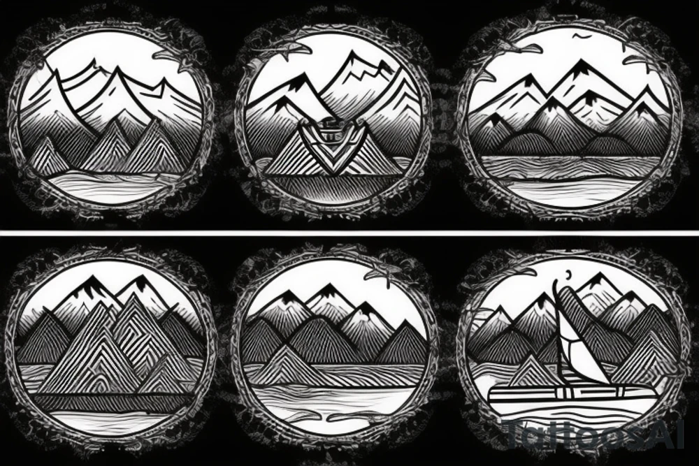 Burning Viking boat fleet with mountains in the background tattoo idea