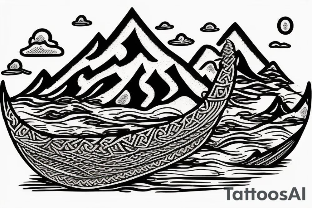 Burning Viking boat fleet with mountains in the background tattoo idea
