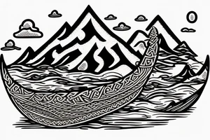Burning Viking boat fleet with mountains in the background tattoo idea