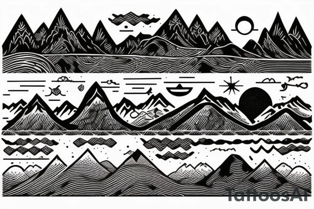 Burning Viking boat fleet with mountains in the background tattoo idea