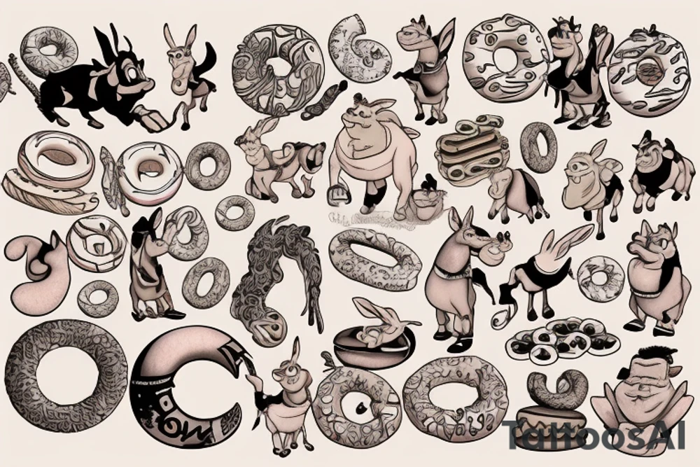 Dreamworks Shrek & Donkey with donuts tattoo idea