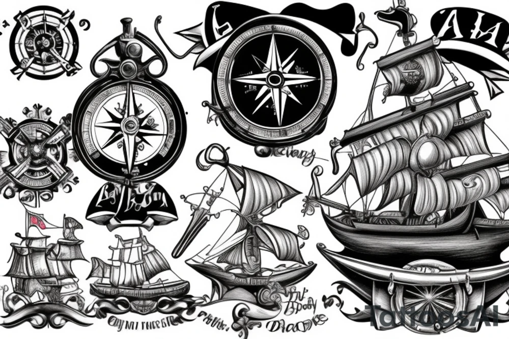 A Compass and a sextant and a pirate ship, with Jessica rabbit on the deck of the pirate ship tattoo idea