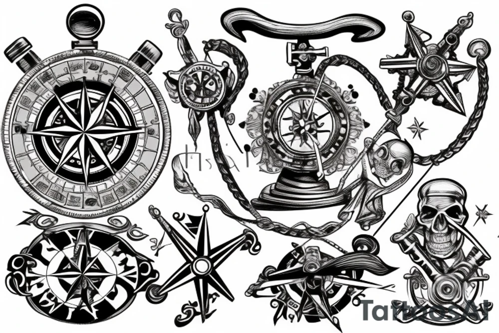 A Compass and a sextant and a pirate ship, with Jessica rabbit on the deck of the pirate ship tattoo idea