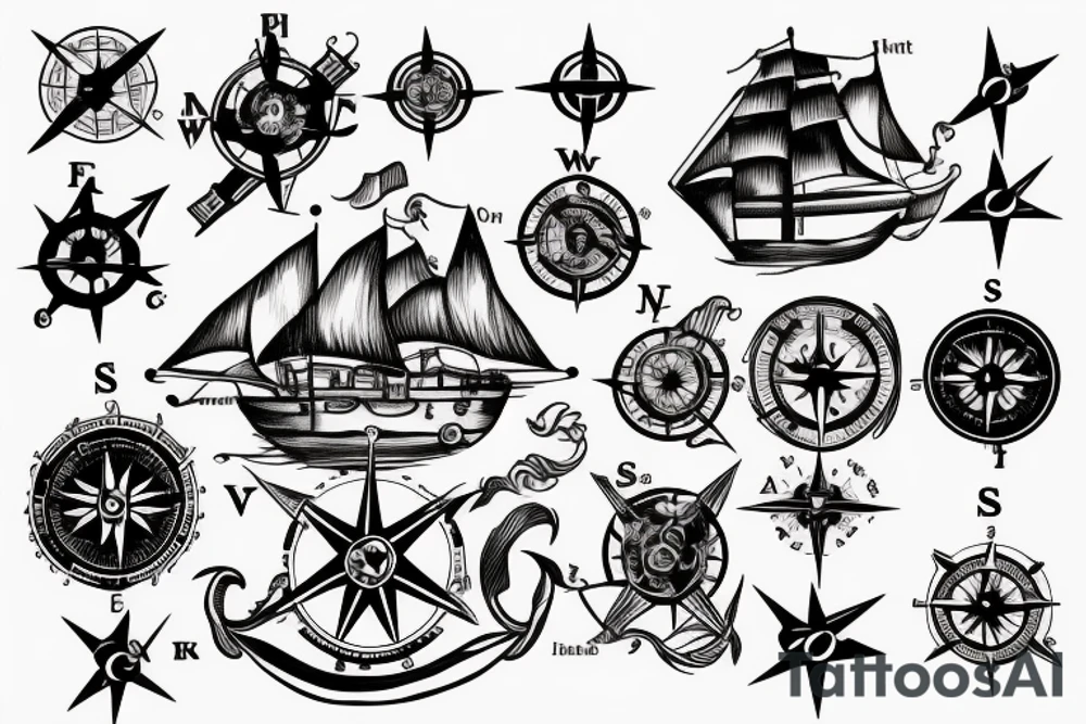 A pirate ship with a compass tattoo idea