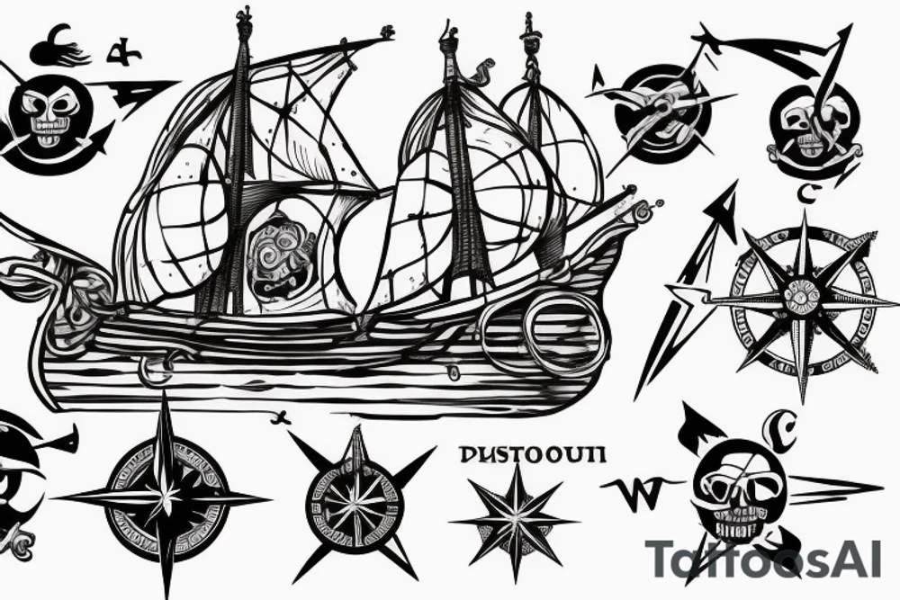 A pirate ship with a compass jesica rabbit on the pirate ship tattoo idea