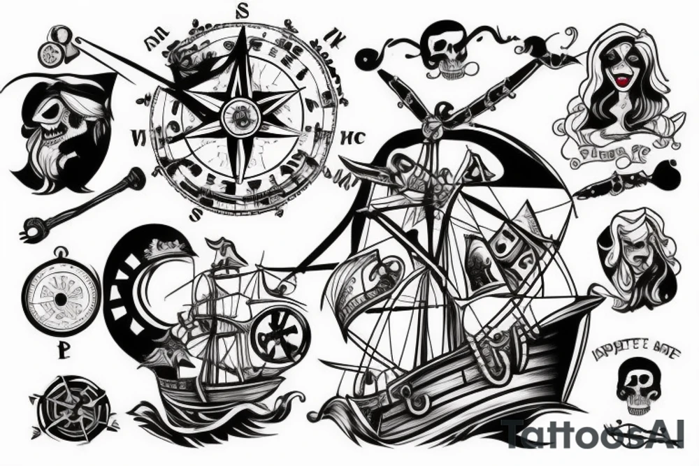 A pirate ship with a compass jessica rabbit on the pirate ship tattoo idea