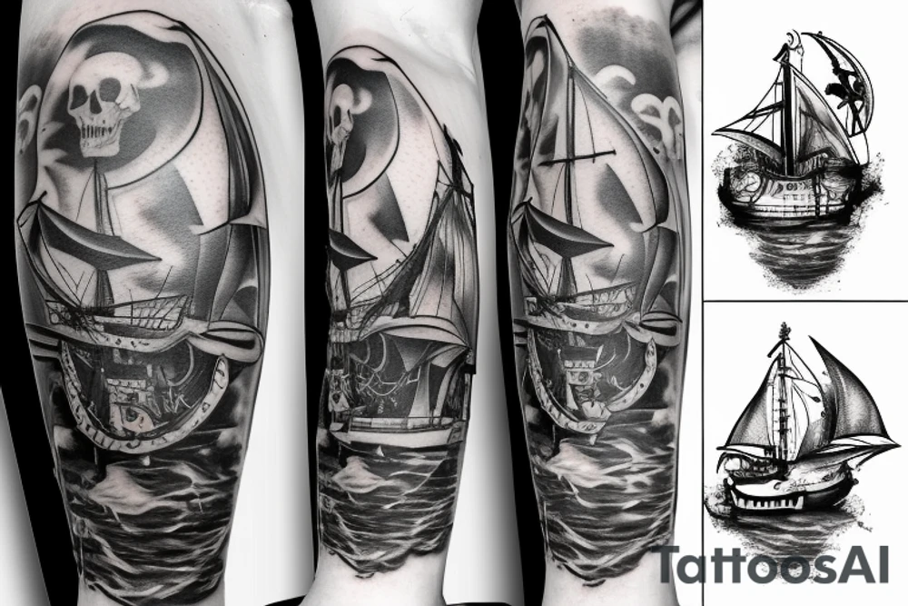 A Queen Ann’s Rrvenge pirate ship, with a compass over the main mast and an attractive woman at the helm tattoo idea