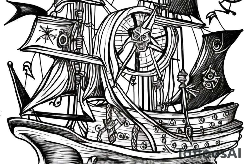 A Queen Ann’s Rrvenge pirate ship, with a compass over the main mast and an attractive woman at the helm tattoo idea