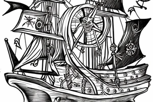 A Queen Ann’s Rrvenge pirate ship, with a compass over the main mast and an attractive woman at the helm tattoo idea