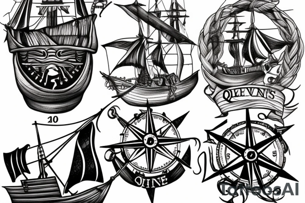 A Queen Ann’s Rrvenge pirate ship, with a compass over the main mast and an attractive woman at the helm tattoo idea