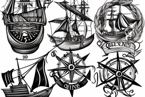 A Queen Ann’s Rrvenge pirate ship, with a compass over the main mast and an attractive woman at the helm tattoo idea