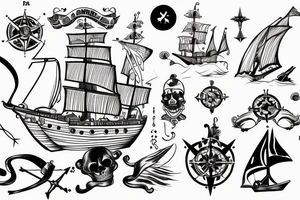 A Queen Ann’s Rrvenge pirate ship, with a compass over the main mast and an attractive woman at the helm tattoo idea