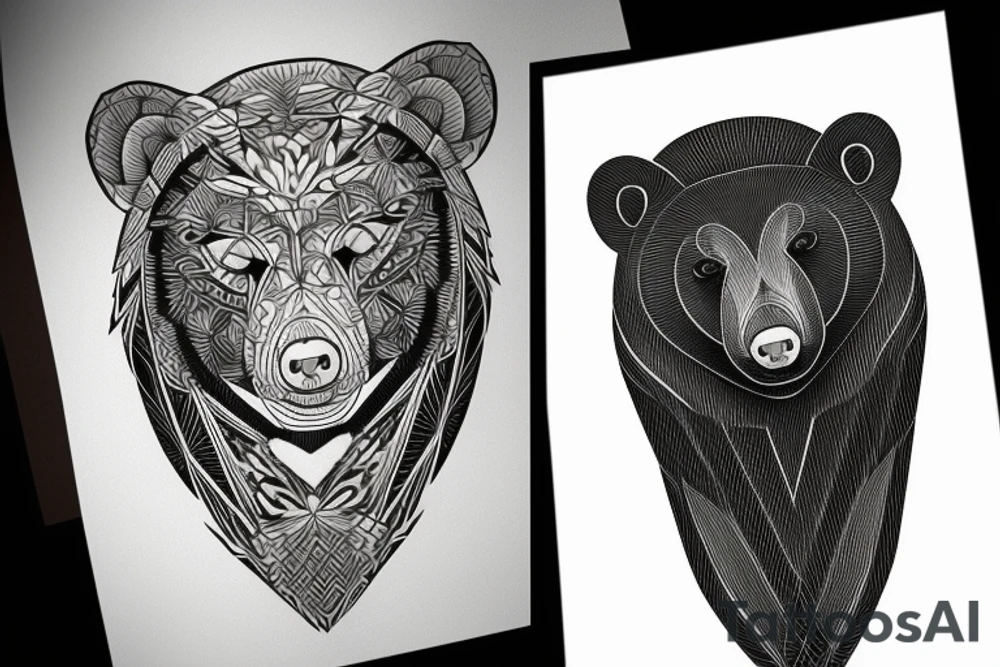 Fusion of blackwork geometry and bear enclosed in forest tattoo idea