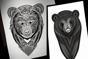 Fusion of blackwork geometry and bear enclosed in forest tattoo idea