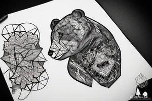 Fusion of blackwork geometry and bear enclosed in forest tattoo idea