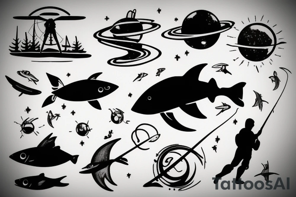 silhouette of a fishermen on the moon, fishing in the ocean of space as he loses his arms tattoo idea