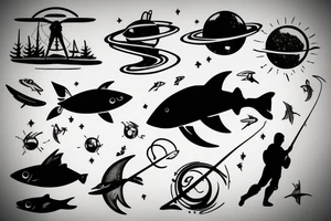 silhouette of a fishermen on the moon, fishing in the ocean of space as he loses his arms tattoo idea
