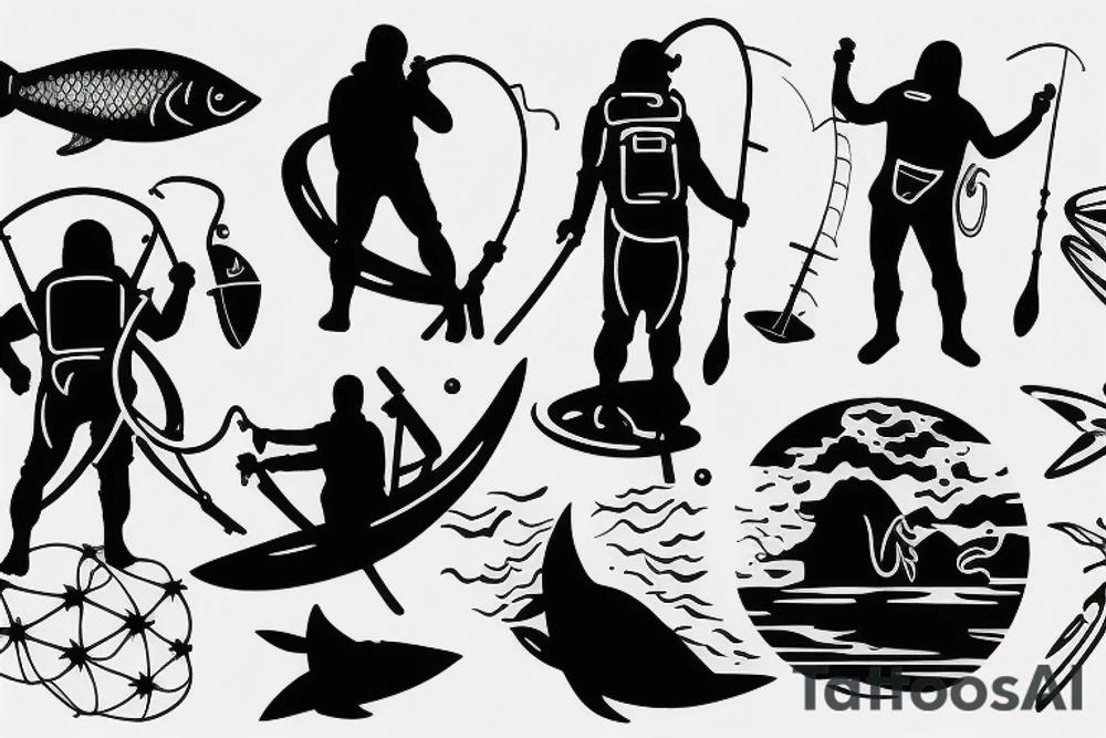 silhouette of a fishermen on the moon, fishing in the ocean of space as he loses his arms tattoo idea