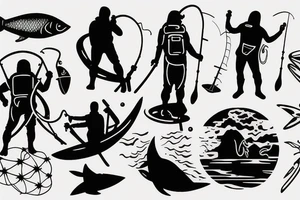 silhouette of a fishermen on the moon, fishing in the ocean of space as he loses his arms tattoo idea