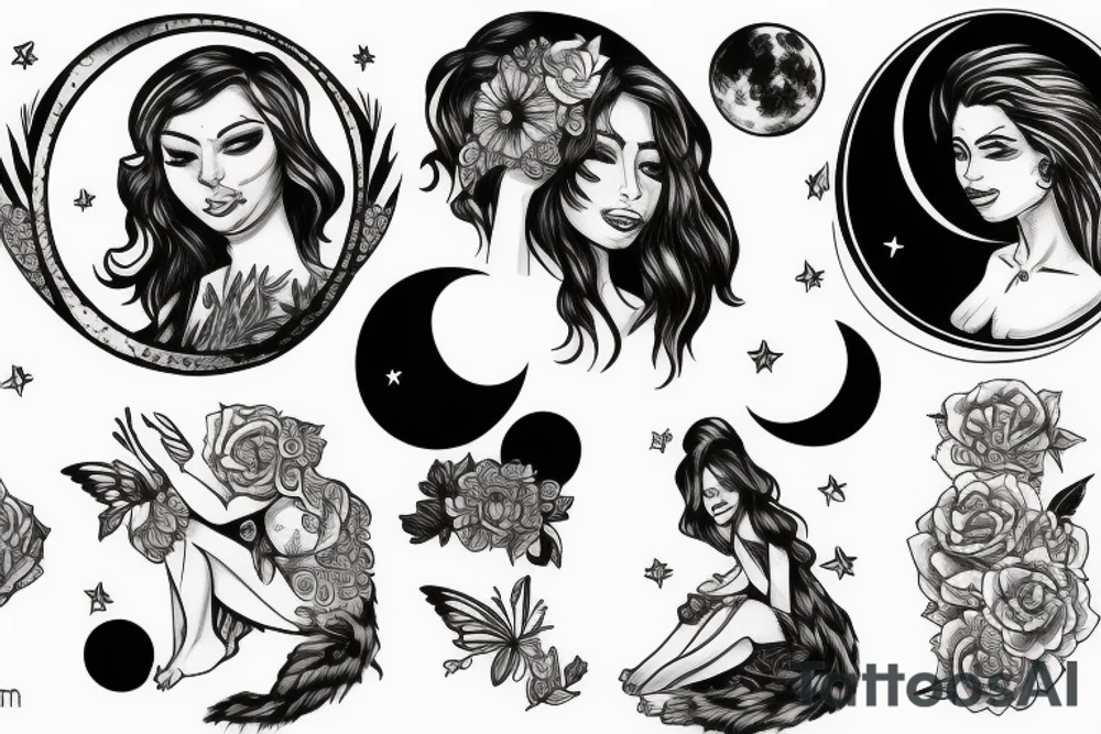 woman sitting on the moon tattoo idea